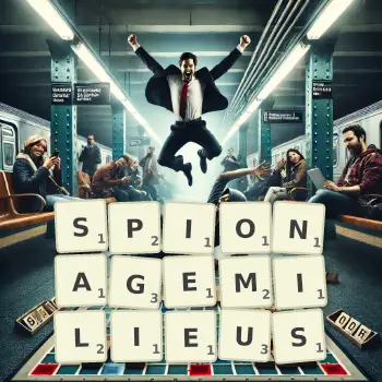 Kreative Illustration für ein Scrabble-Spiel, bei dem das Wort SPIONAGEMILIEUS mit Steinen auf dem Brett gelegt wurde.