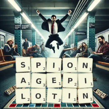 Kreative Illustration für ein Scrabble-Spiel, bei dem das Wort SPIONAGEPILOTIN mit Steinen auf dem Brett gelegt wurde.