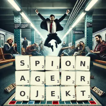 Kreative Illustration für ein Scrabble-Spiel, bei dem das Wort SPIONAGEPROJEKT mit Steinen auf dem Brett gelegt wurde.