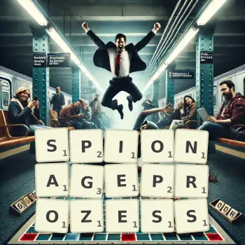 Kreative Illustration für ein Scrabble-Spiel, bei dem das Wort SPIONAGEPROZESS mit Steinen auf dem Brett gelegt wurde.