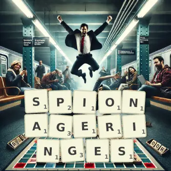 Kreative Illustration für ein Scrabble-Spiel, bei dem das Wort SPIONAGERINGES mit Steinen auf dem Brett gelegt wurde.