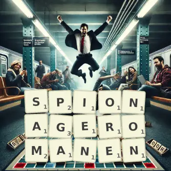 Kreative Illustration für ein Scrabble-Spiel, bei dem das Wort SPIONAGEROMANEN mit Steinen auf dem Brett gelegt wurde.