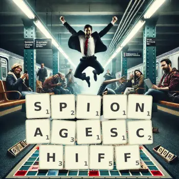 Kreative Illustration für ein Scrabble-Spiel, bei dem das Wort SPIONAGESCHIFF mit Steinen auf dem Brett gelegt wurde.