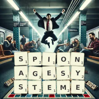 Kreative Illustration für ein Scrabble-Spiel, bei dem das Wort SPIONAGESYSTEME mit Steinen auf dem Brett gelegt wurde.