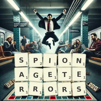 Kreative Illustration für ein Scrabble-Spiel, bei dem das Wort SPIONAGETERRORS mit Steinen auf dem Brett gelegt wurde.