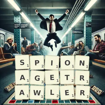 Kreative Illustration für ein Scrabble-Spiel, bei dem das Wort SPIONAGETRAWLER mit Steinen auf dem Brett gelegt wurde.