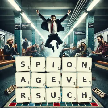Kreative Illustration für ein Scrabble-Spiel, bei dem das Wort SPIONAGEVERSUCH mit Steinen auf dem Brett gelegt wurde.