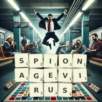 Kreative Illustration für ein Scrabble-Spiel, bei dem das Wort SPIONAGEVIRUS mit Steinen auf dem Brett gelegt wurde.