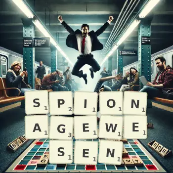 Kreative Illustration für ein Scrabble-Spiel, bei dem das Wort SPIONAGEWESEN mit Steinen auf dem Brett gelegt wurde.