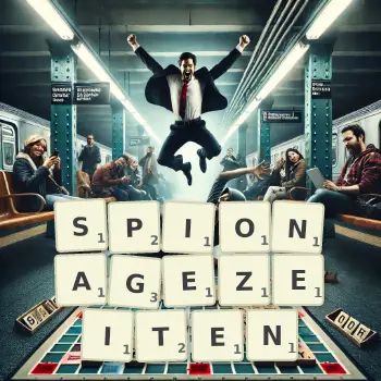 Kreative Illustration für ein Scrabble-Spiel, bei dem das Wort SPIONAGEZEITEN mit Steinen auf dem Brett gelegt wurde.