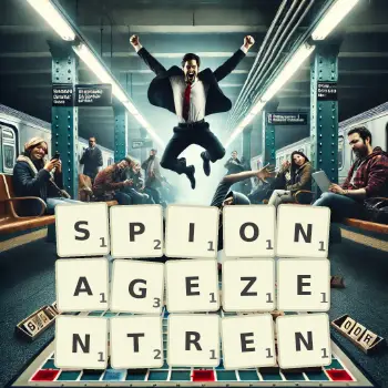 Kreative Illustration für ein Scrabble-Spiel, bei dem das Wort SPIONAGEZENTREN mit Steinen auf dem Brett gelegt wurde.