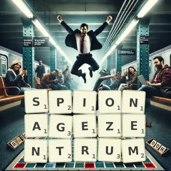 Kreative Illustration für ein Scrabble-Spiel, bei dem das Wort SPIONAGEZENTRUM mit Steinen auf dem Brett gelegt wurde.