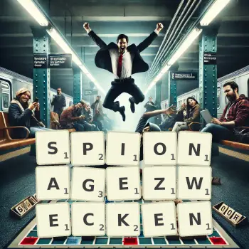 Kreative Illustration für ein Scrabble-Spiel, bei dem das Wort SPIONAGEZWECKEN mit Steinen auf dem Brett gelegt wurde.