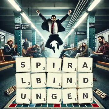 Kreative Illustration für ein Scrabble-Spiel, bei dem das Wort SPIRALBINDUNGEN mit Steinen auf dem Brett gelegt wurde.