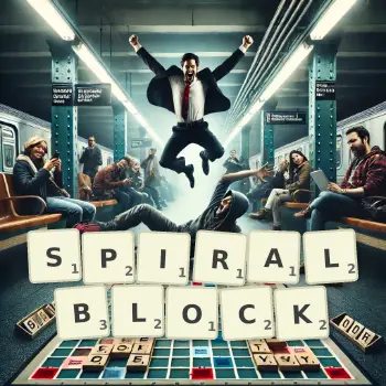 Kreative Illustration für ein Scrabble-Spiel, bei dem das Wort SPIRALBLOCK mit Steinen auf dem Brett gelegt wurde.