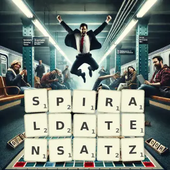 Kreative Illustration für ein Scrabble-Spiel, bei dem das Wort SPIRALDATENSATZ mit Steinen auf dem Brett gelegt wurde.