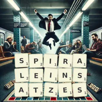 Kreative Illustration für ein Scrabble-Spiel, bei dem das Wort SPIRALEINSATZES mit Steinen auf dem Brett gelegt wurde.
