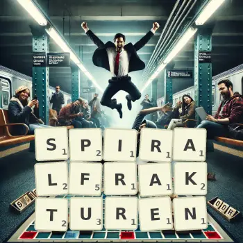 Kreative Illustration für ein Scrabble-Spiel, bei dem das Wort SPIRALFRAKTUREN mit Steinen auf dem Brett gelegt wurde.