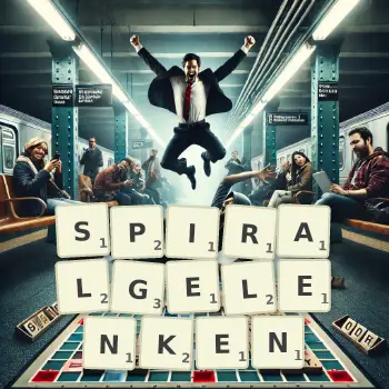 Kreative Illustration für ein Scrabble-Spiel, bei dem das Wort SPIRALGELENKEN mit Steinen auf dem Brett gelegt wurde.