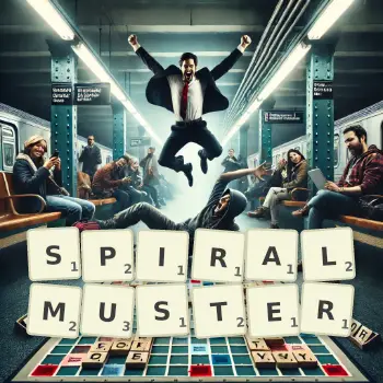 Kreative Illustration für ein Scrabble-Spiel, bei dem das Wort SPIRALMUSTER mit Steinen auf dem Brett gelegt wurde.