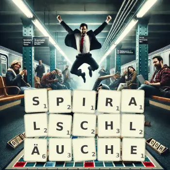 Kreative Illustration für ein Scrabble-Spiel, bei dem das Wort SPIRALSCHLÄUCHE mit Steinen auf dem Brett gelegt wurde.