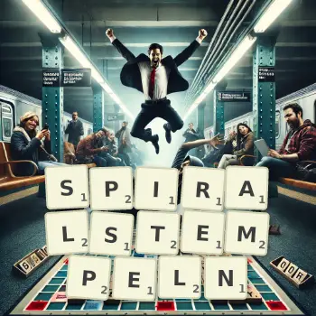 Kreative Illustration für ein Scrabble-Spiel, bei dem das Wort SPIRALSTEMPELN mit Steinen auf dem Brett gelegt wurde.