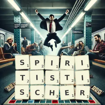 Kreative Illustration für ein Scrabble-Spiel, bei dem das Wort SPIRITISTISCHER mit Steinen auf dem Brett gelegt wurde.