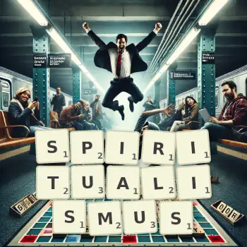 Kreative Illustration für ein Scrabble-Spiel, bei dem das Wort SPIRITUALISMUS mit Steinen auf dem Brett gelegt wurde.