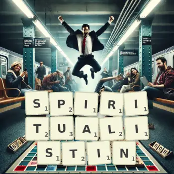 Kreative Illustration für ein Scrabble-Spiel, bei dem das Wort SPIRITUALISTIN mit Steinen auf dem Brett gelegt wurde.