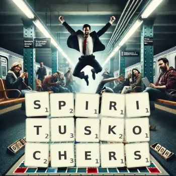 Kreative Illustration für ein Scrabble-Spiel, bei dem das Wort SPIRITUSKOCHERS mit Steinen auf dem Brett gelegt wurde.
