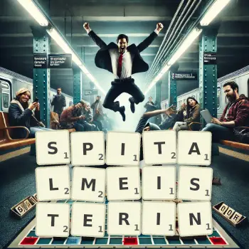 Kreative Illustration für ein Scrabble-Spiel, bei dem das Wort SPITALMEISTERIN mit Steinen auf dem Brett gelegt wurde.