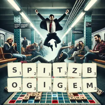 Kreative Illustration für ein Scrabble-Spiel, bei dem das Wort SPITZBOGIGEM mit Steinen auf dem Brett gelegt wurde.