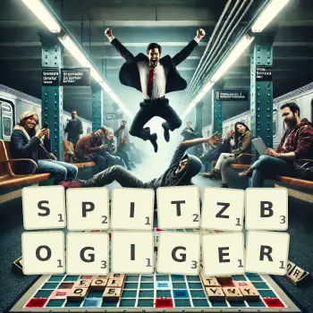 Kreative Illustration für ein Scrabble-Spiel, bei dem das Wort SPITZBOGIGER mit Steinen auf dem Brett gelegt wurde.