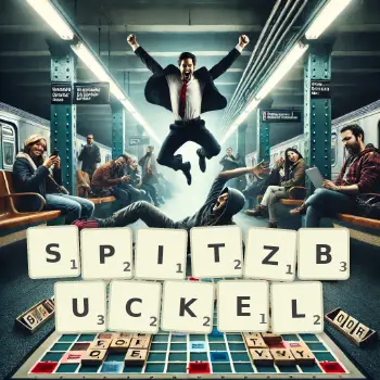 Kreative Illustration für ein Scrabble-Spiel, bei dem das Wort SPITZBUCKEL mit Steinen auf dem Brett gelegt wurde.