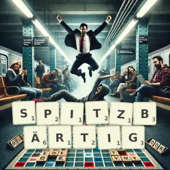 Kreative Illustration für ein Scrabble-Spiel, bei dem das Wort SPITZBÄRTIG mit Steinen auf dem Brett gelegt wurde.
