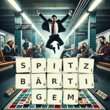 Kreative Illustration für ein Scrabble-Spiel, bei dem das Wort SPITZBÄRTIGEM mit Steinen auf dem Brett gelegt wurde.