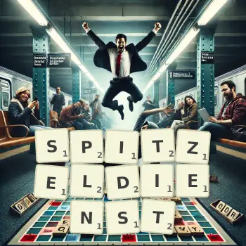 Kreative Illustration für ein Scrabble-Spiel, bei dem das Wort SPITZELDIENST mit Steinen auf dem Brett gelegt wurde.