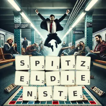 Kreative Illustration für ein Scrabble-Spiel, bei dem das Wort SPITZELDIENSTE mit Steinen auf dem Brett gelegt wurde.