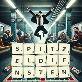 Kreative Illustration für ein Scrabble-Spiel, bei dem das Wort SPITZELDIENSTEN mit Steinen auf dem Brett gelegt wurde.