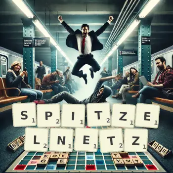 Kreative Illustration für ein Scrabble-Spiel, bei dem das Wort SPITZELNETZ mit Steinen auf dem Brett gelegt wurde.