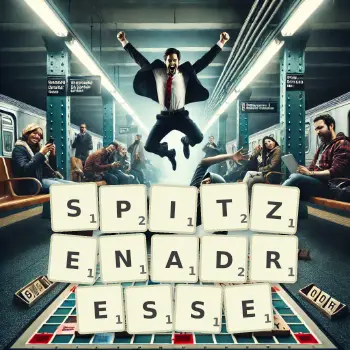 Kreative Illustration für ein Scrabble-Spiel, bei dem das Wort SPITZENADRESSE mit Steinen auf dem Brett gelegt wurde.