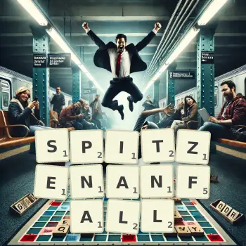 Kreative Illustration für ein Scrabble-Spiel, bei dem das Wort SPITZENANFALL mit Steinen auf dem Brett gelegt wurde.