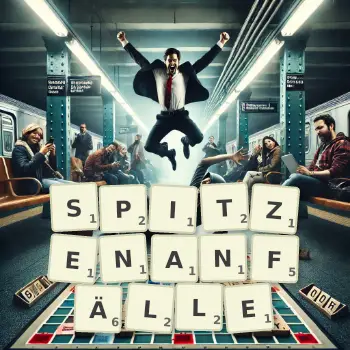 Kreative Illustration für ein Scrabble-Spiel, bei dem das Wort SPITZENANFÄLLE mit Steinen auf dem Brett gelegt wurde.