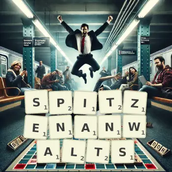Kreative Illustration für ein Scrabble-Spiel, bei dem das Wort SPITZENANWALTS mit Steinen auf dem Brett gelegt wurde.