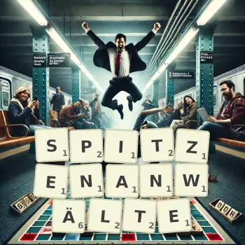 Kreative Illustration für ein Scrabble-Spiel, bei dem das Wort SPITZENANWÄLTE mit Steinen auf dem Brett gelegt wurde.