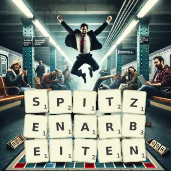 Kreative Illustration für ein Scrabble-Spiel, bei dem das Wort SPITZENARBEITEN mit Steinen auf dem Brett gelegt wurde.