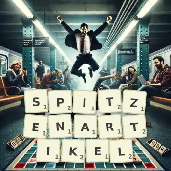 Kreative Illustration für ein Scrabble-Spiel, bei dem das Wort SPITZENARTIKEL mit Steinen auf dem Brett gelegt wurde.