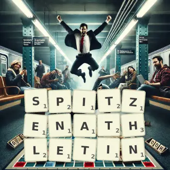 Kreative Illustration für ein Scrabble-Spiel, bei dem das Wort SPITZENATHLETIN mit Steinen auf dem Brett gelegt wurde.