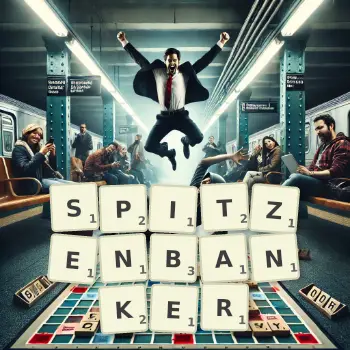 Kreative Illustration für ein Scrabble-Spiel, bei dem das Wort SPITZENBANKER mit Steinen auf dem Brett gelegt wurde.