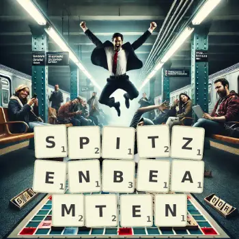 Kreative Illustration für ein Scrabble-Spiel, bei dem das Wort SPITZENBEAMTEN mit Steinen auf dem Brett gelegt wurde.